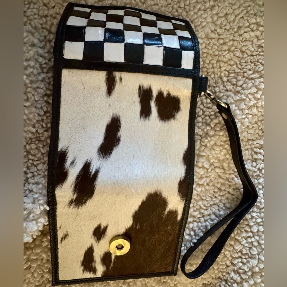 Checkered Black and White Cowhide Wristlet Western Linen